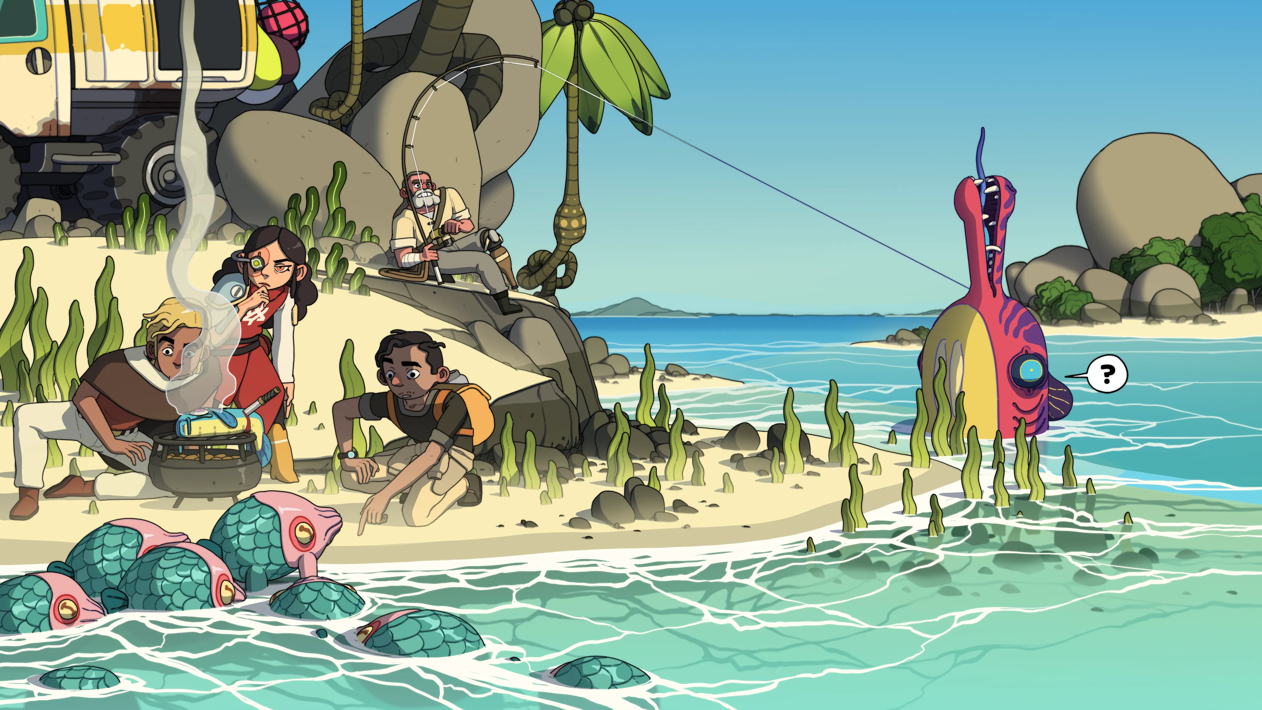 Kanoa's crew gathers around a cooking pot on a beach while an old fisherman on the rocks hooks a tall, startled sea creature in the shallows.